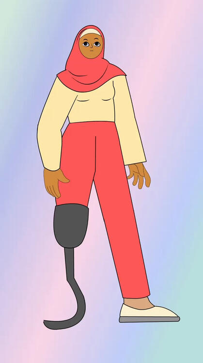 A piece of digital art featuring a person wearing a Hijab with a prosthetic on their right leg.